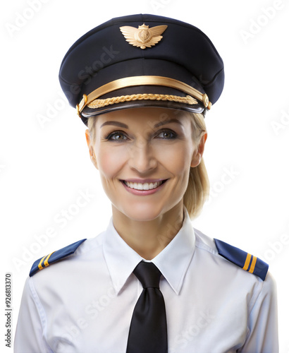 Smiling female pilot wearing uniform and hat with gold insignia isolated on transparent background