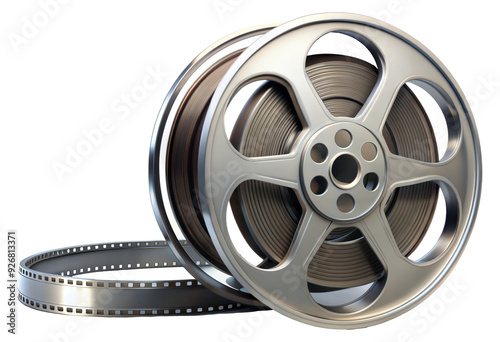 Silver film reel with film strip partially unspooled isolated on transparent background