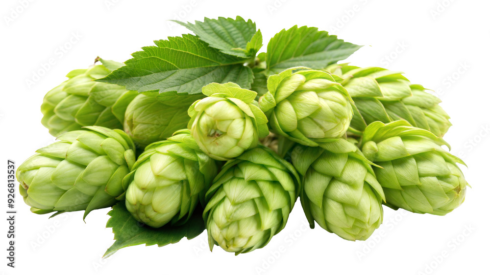 Fototapeta premium Fresh green hops cones with leaves in a cluster isolated on transparent background