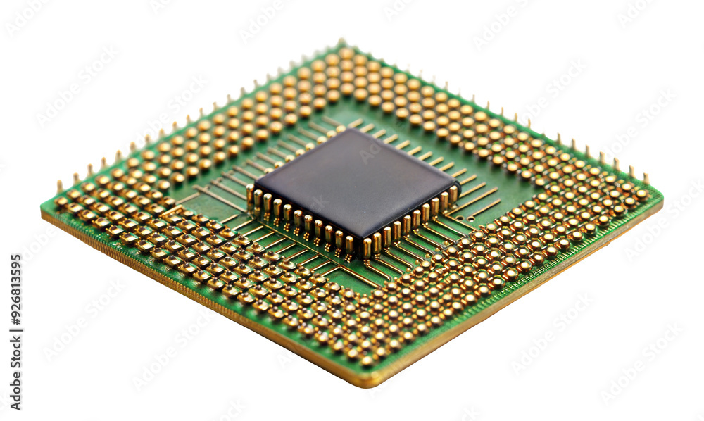 Computer microchip with gold pins and circuit details isolated on transparent background Computer microchip with gold pins and circuit details isolated on transparent background