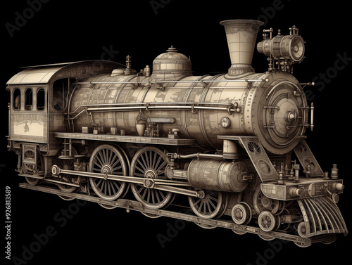 Detailed close-up of a 19th century steam locomotive with complex mechanical design on drawing paper. Pencil-drawn vintage machinery and craftsmanship of historical railroad technology.