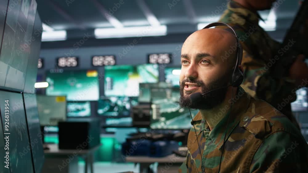 Middle Eastern military dispatcher relays info from army intelligence analysts to troops on front lines, close up. Radio communications operator discussing with colleague using headset mic, camera B