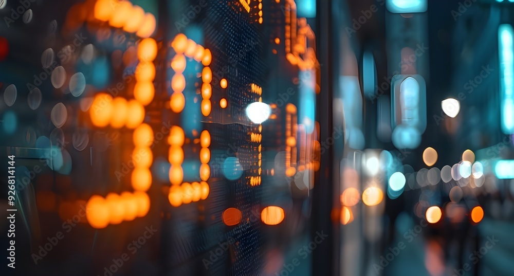 Obraz premium Close-up of digital stock market display showing various numbers and letters, blurred background with bokeh effect, representing financial activities in the global economic system.