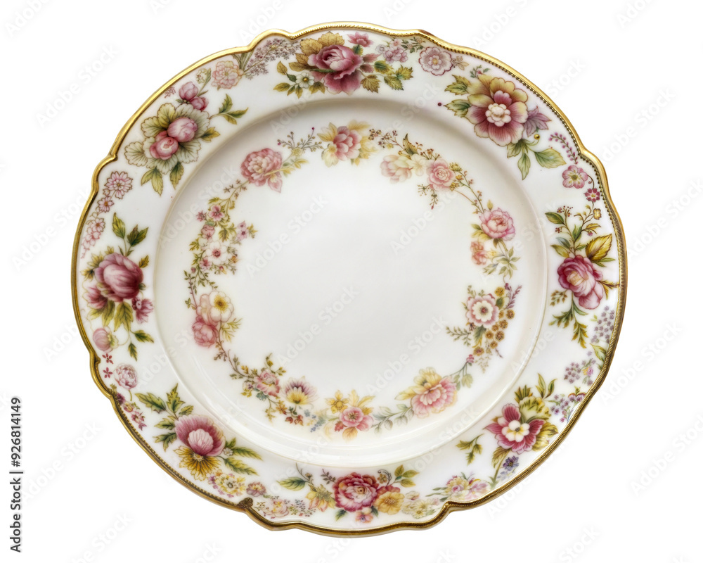 Decorative floral china plate with intricate rose design isolated on transparent background Decorative floral china plate with intricate rose design isolated on transparent background