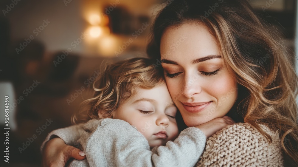 Mother and toddler peacefully asleep together on a couch, wrapped in cozy blankets, reflecting a tender and restful family moment.