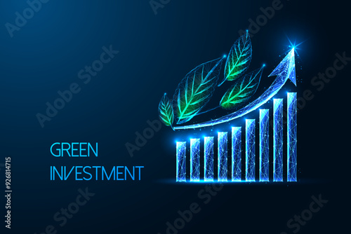 Green investment abstract concept with growth chart and green leaves on dark blue background. 