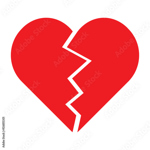 Red Heart broken to two pieces vector illustration icon or logo, broken heart concept, breakup or divorce, heartbreak regret, separated couple, tragic love. Broken Red Heart Emoji.