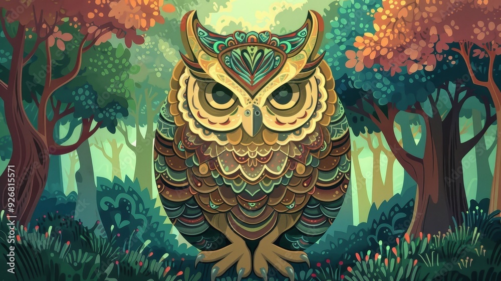 Fototapeta premium A whimsical, decorative owl stands in a vibrant forest, showcasing intricate patterns and colors against a magical backdrop.