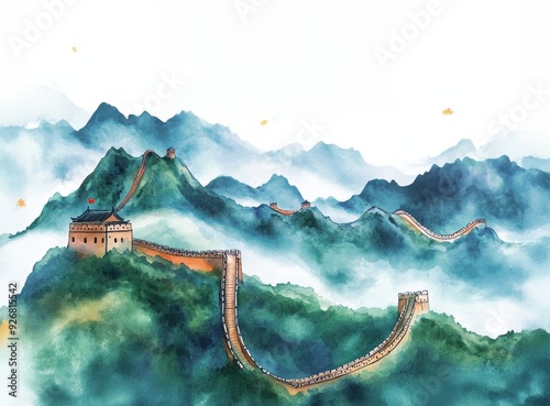 A tranquil view of the Great Wall winding through misty mountains at dawn, showcasing ancient architecture amid serene nature. Generative AI