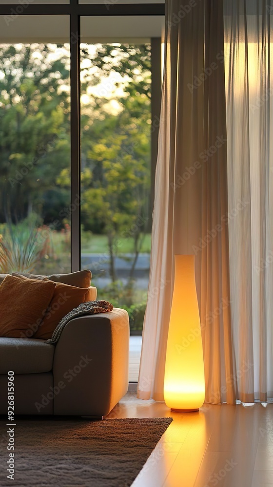 Fototapeta premium Modern domestic room softly illuminated by an elegant electric lamp image