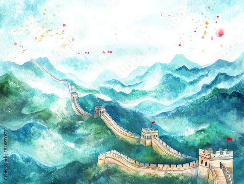 A tranquil landscape of the Great Wall winding through lush mountains under a cloudy sky at dawn. Generative AI