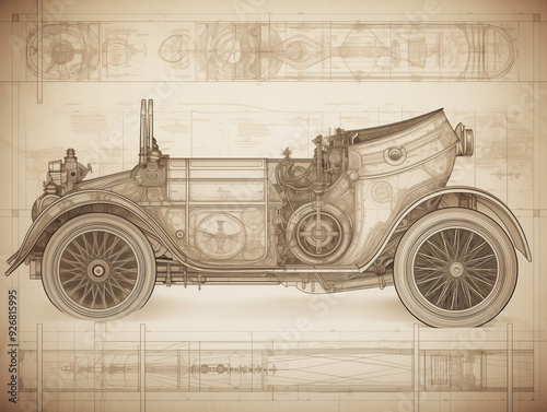Detailed close-up of an antique steam engine with complex mechanical design, isolated on a textured drawing paper background. Pencil sketches highlight engineering complexity