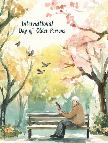 An elderly man feeding birds in a serene park during the International Day of Older Persons, surrounded by colorful autumn trees. Generative AI