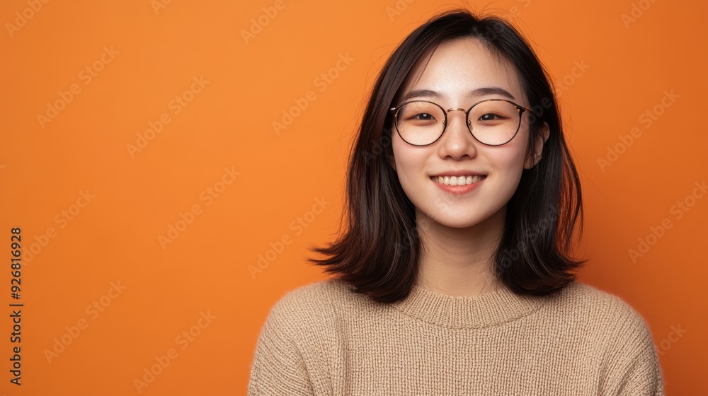A woman with shoulder length hair, wearing glasses and a beige sweater, smiles warmly at the camera in front of an orange background. A woman with shoulder length hair, wearing glasses and a beige sweater, smiles warmly at the camera in front of an orange background.