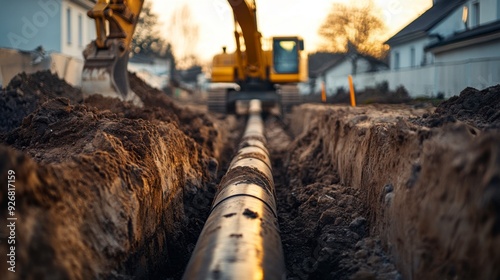 Excavator laying water pipes. Focus on one pipe in a trench, with dirt around it.
