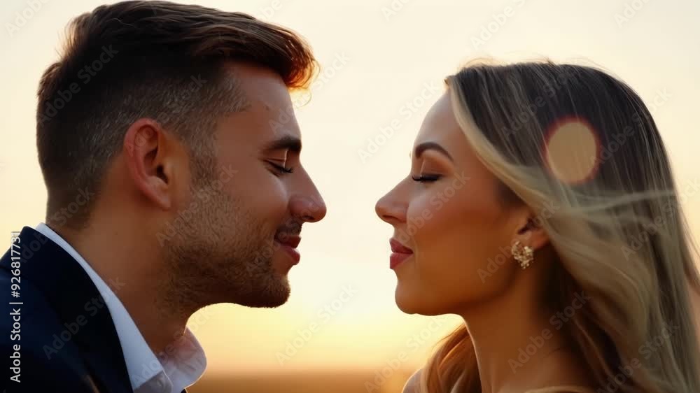 Young couple kisses at sunset, surrounded by nature, radiating love and joy in a meadow Young couple kisses at sunset, surrounded by nature, radiating love and joy in a meadow