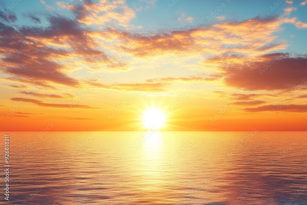 Fototapeta premium Serene summer sunset over the sea with golden sunlight reflecting on the water and soft clouds in the sky, creating a peaceful and tranquil atmosphere.