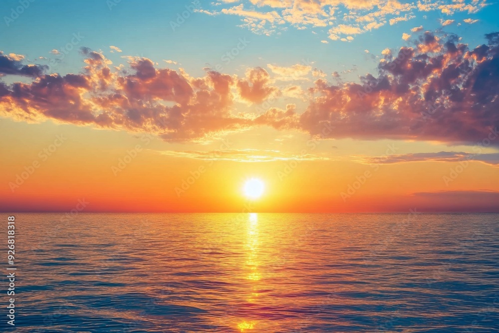 Fototapeta premium Serene summer sunset over the sea with golden sunlight reflecting on the water and soft clouds in the sky, creating a peaceful and tranquil atmosphere.