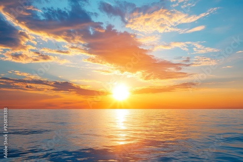 Serene summer sunset over the sea with golden sunlight reflecting on the water and soft clouds in the sky, creating a peaceful and tranquil atmosphere.