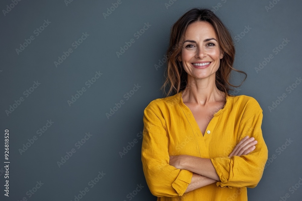 Confident middle-aged woman in yellow shirt smiling with arms crossed against grey background, full-body portrait in casual attire. Confident middle-aged woman in yellow shirt smiling with arms crossed against grey background, full-body portrait in casual attire.