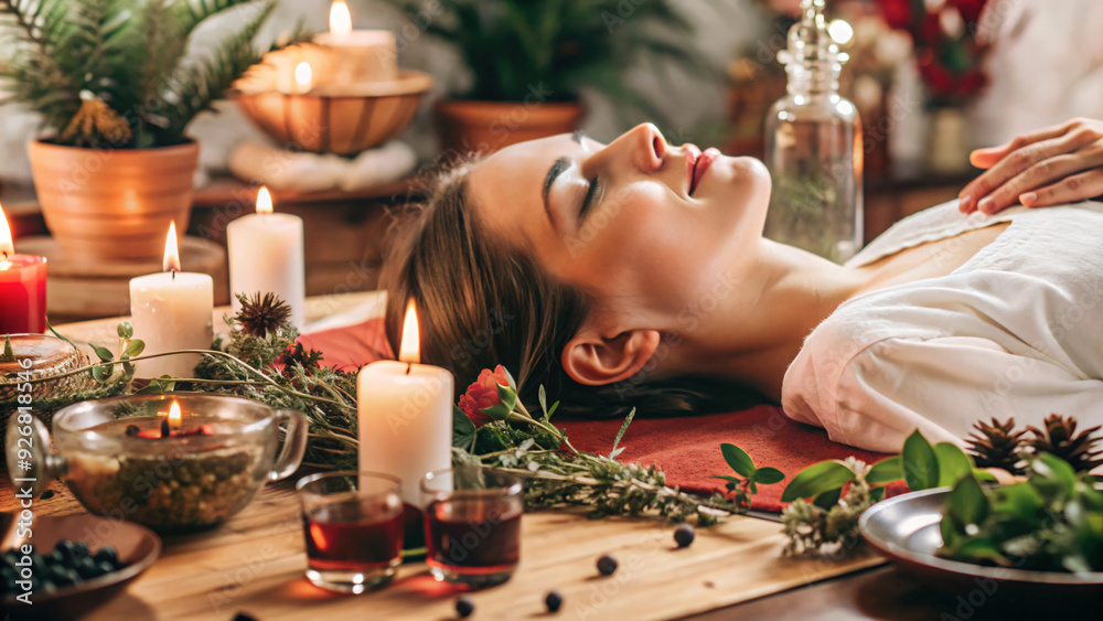 Woman finds tranquility amidst soft candlelight, indulging in blissful massage therapy for ultimate relaxation and wellness Woman finds tranquility amidst soft candlelight, indulging in blissful massage therapy for ultimate relaxation and wellness