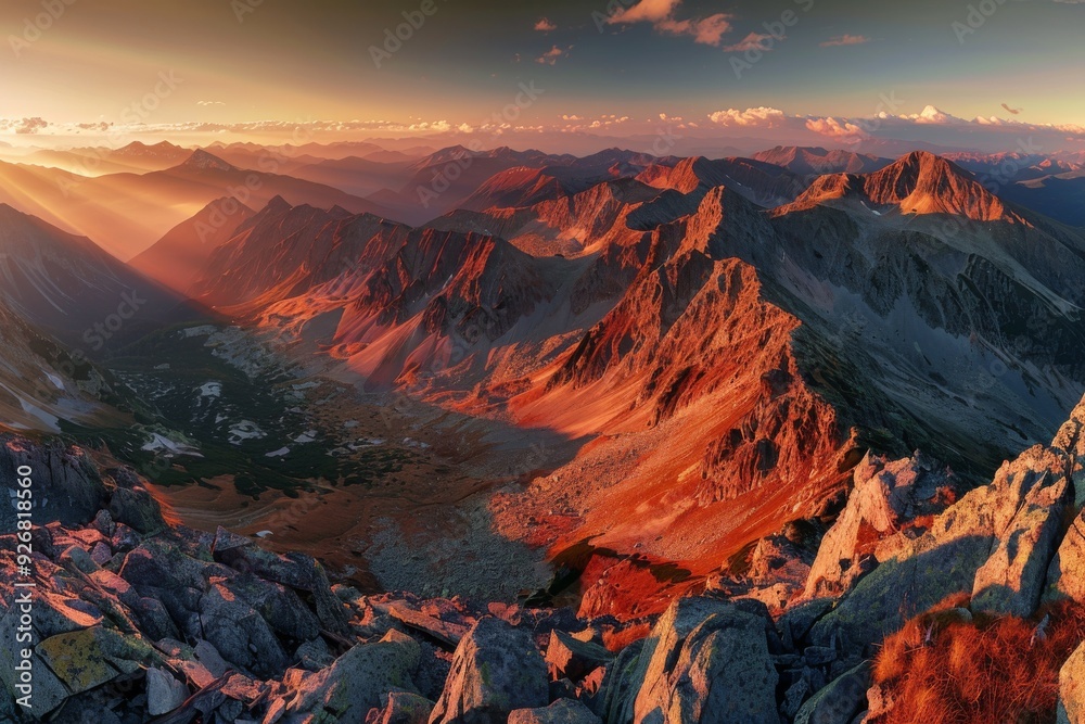 Naklejka premium Panoramic view of Tatra Mountains at sunrise, capturing golden hour light on summer peaks and autumn foliage, with red hues on rocky landscapes, offering a breathtaking and detailed natural scene.