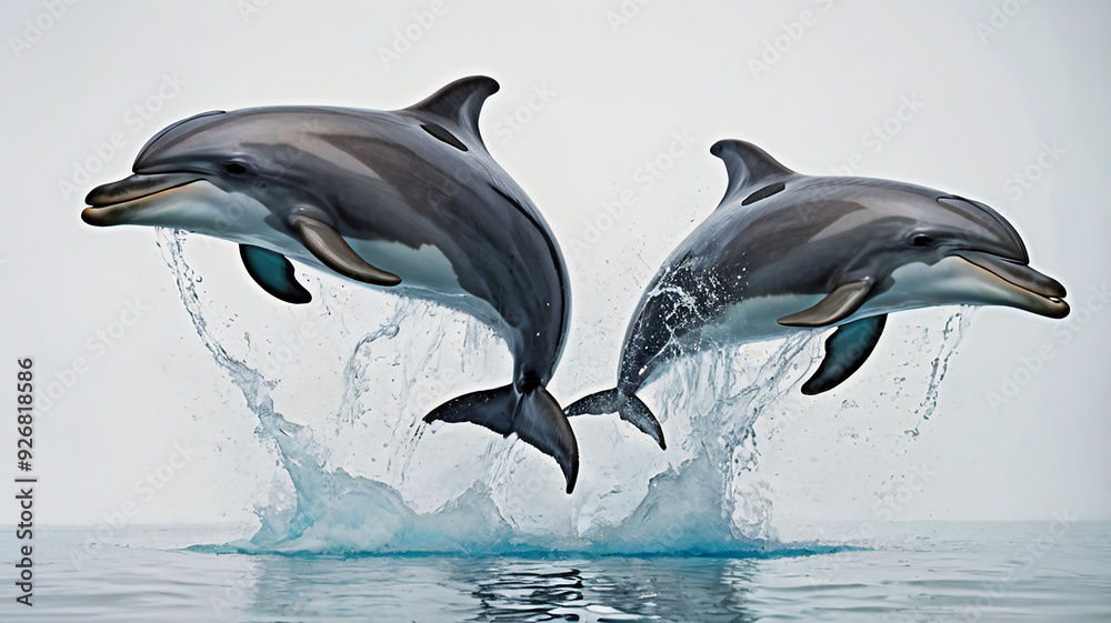 Fototapeta premium A pair of playful dolphins leaping out of the water, frozen in mid-air against a white background, their sleek bodies and joyful expressions sharply defined.