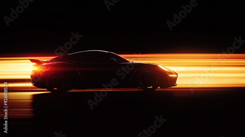 Silhouette of a stylist sports car speeding at high speeds. Its contours are emphasized by the speed of the wind passing through it