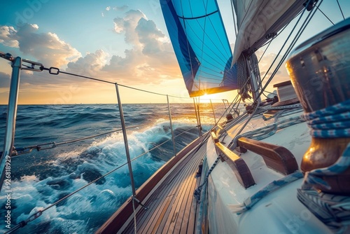 Sailing yacht in open sea at sunset, close-up of wooden cabin and blue sails gliding over high waves. Ideal for travel and adventure concepts.