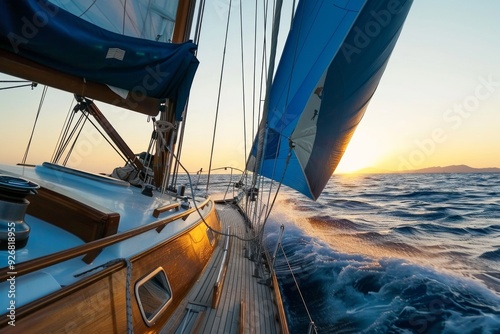 Sailing yacht in open sea at sunset, close-up of wooden cabin and blue sails gliding over high waves. Ideal for travel and adventure concepts.