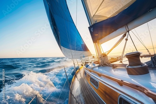 Sailing yacht in open sea at sunset, close-up of wooden cabin and blue sails gliding over high waves. Ideal for travel and adventure concepts.