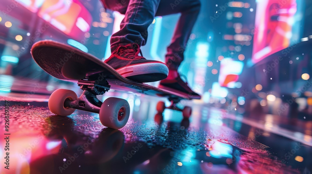 Skateboarder trick, futuristic cityscape, neon lights, dynamic action Skateboarder trick, futuristic cityscape, neon lights, dynamic action