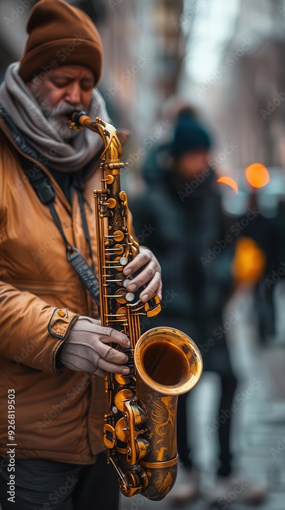Obraz premium Street musician playing saxophone, urban background, high detail, vibrant