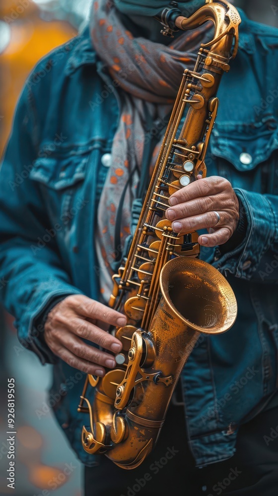 Fototapeta premium Street musician playing saxophone, urban background, high detail, vibrant