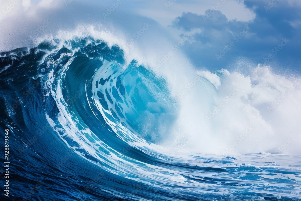 Majestic powerful ocean wave crashing with blue and white colors against a clear sky background, captured from an eye-level perspective, showcasing the raw force of nature. Majestic powerful ocean wave crashing with blue and white colors against a clear sky background, captured from an eye-level perspective, showcasing the raw force of nature.