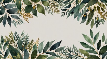 Watercolor Green and Gold Foliage Border Background
