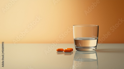 Water Glass with Orange Capsules on light Orange Background. Essential Wellness Combo.  Copy Space.