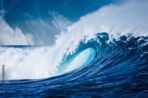 Majestic powerful ocean wave crashing with blue and white colors against a clear sky background, captured from an eye-level perspective, showcasing the raw force of nature.