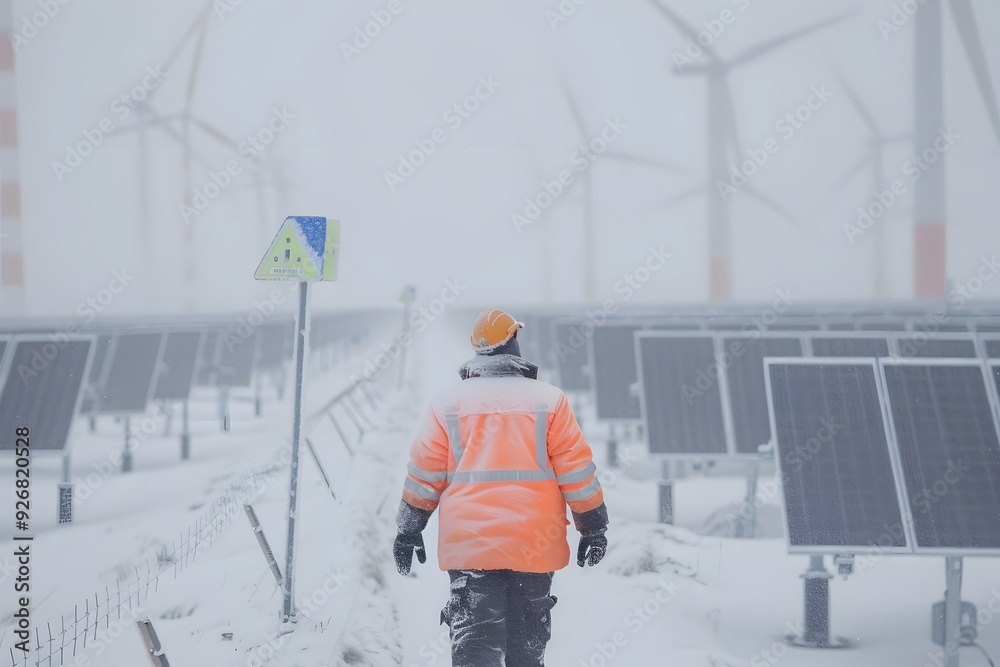 A construction worker walks through a solar field with the solar panels covered in snow. A construction worker walks through a solar field with the solar panels covered in snow.