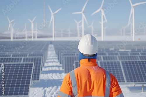 A construction worker walks through a solar field with the solar panels covered in snow.