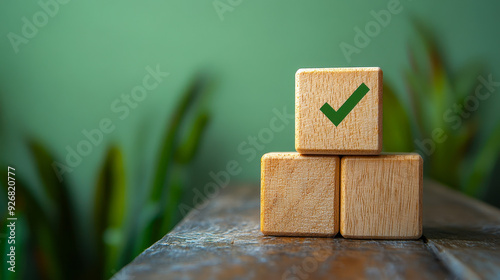 ISO 14001 Certification Concept: Wooden Blocks with Check Mark Indicating Quality Control and Environmental Management Systems Compliance