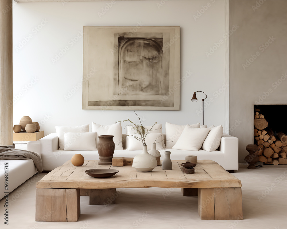 Wabi sabi japanese style rustic interior living room in neutral with wood texture elements Wabi sabi japanese style rustic interior living room in neutral with wood texture elements