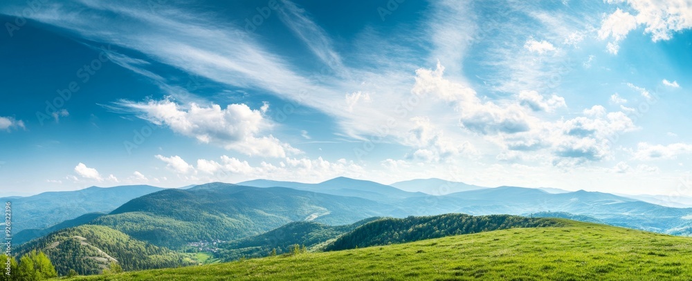 Fototapeta premium Panoramic view of the mountain range in spring, with lush green grass on rolling hills and distant mountains, providing ample space for text.