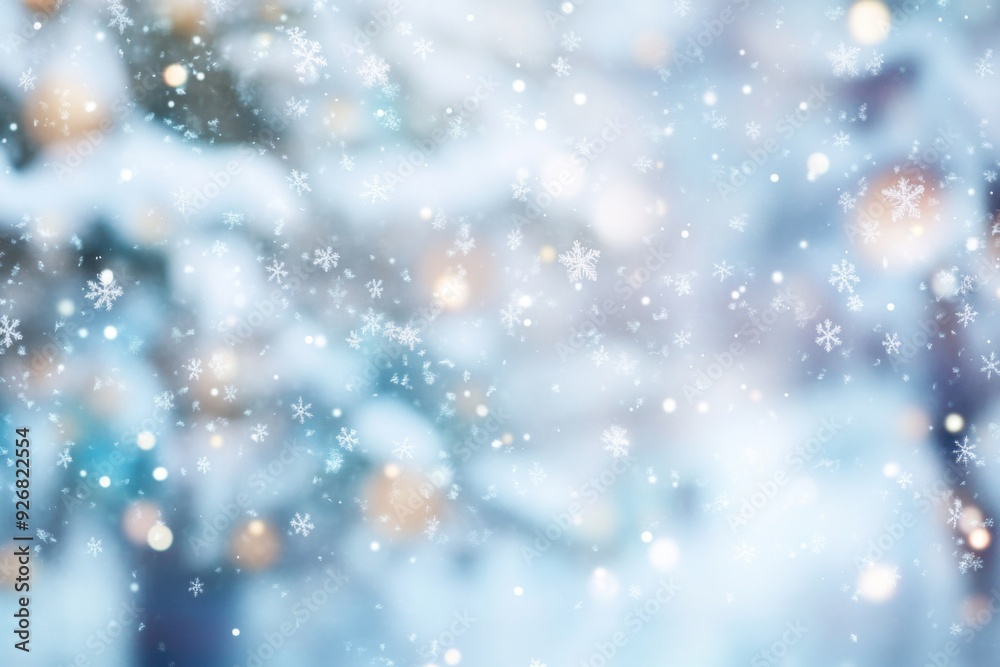 Obraz premium Dreamy winter scene with blurred snowflakes, pastel blue and white hues, bohemian style, and sparkling glitter, perfect for large canvas prints.