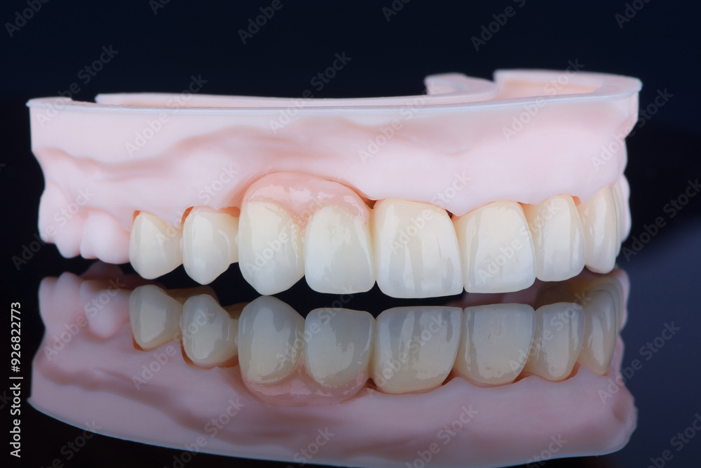 High-quality frontal dental bridge with artificial gum made of zirconium for fixation to upper jaw. High-quality frontal dental bridge with artificial gum made of zirconium for fixation to upper jaw.