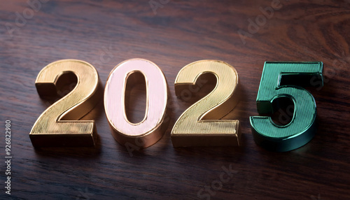 New Year 2025. Golden Numbers 2025 on a Wooden Background