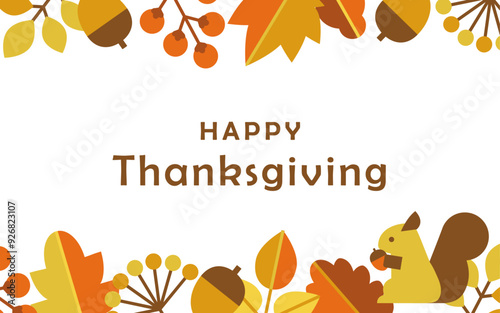 落ち葉と木の実とリス 秋の感謝祭 ( 背景 バナー ベクター 暖色 白背景 シンプル デフォルメ )