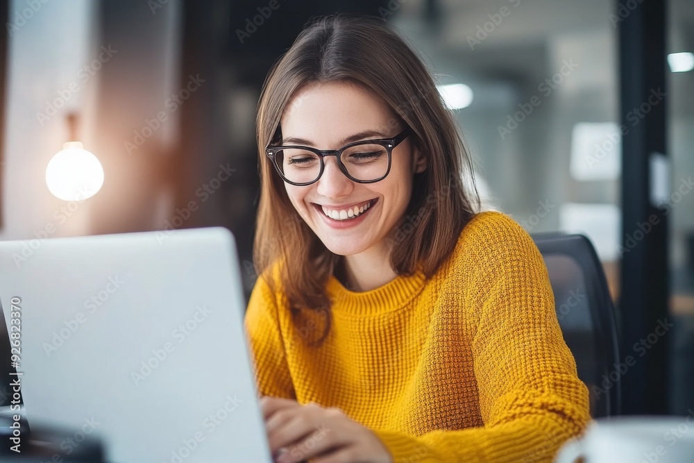 Joyful woman in yellow sweater and glasses, smiling while working on digital marketing project for online business, with blurred office background. Joyful woman in yellow sweater and glasses, smiling while working on digital marketing project for online business, with blurred office background.