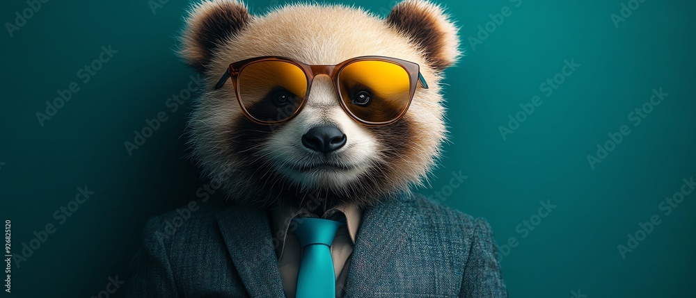 Panda wearing sunglasses and a suit with a turquoise tie, teal background, cool and collected Panda wearing sunglasses and a suit with a turquoise tie, teal background, cool and collected