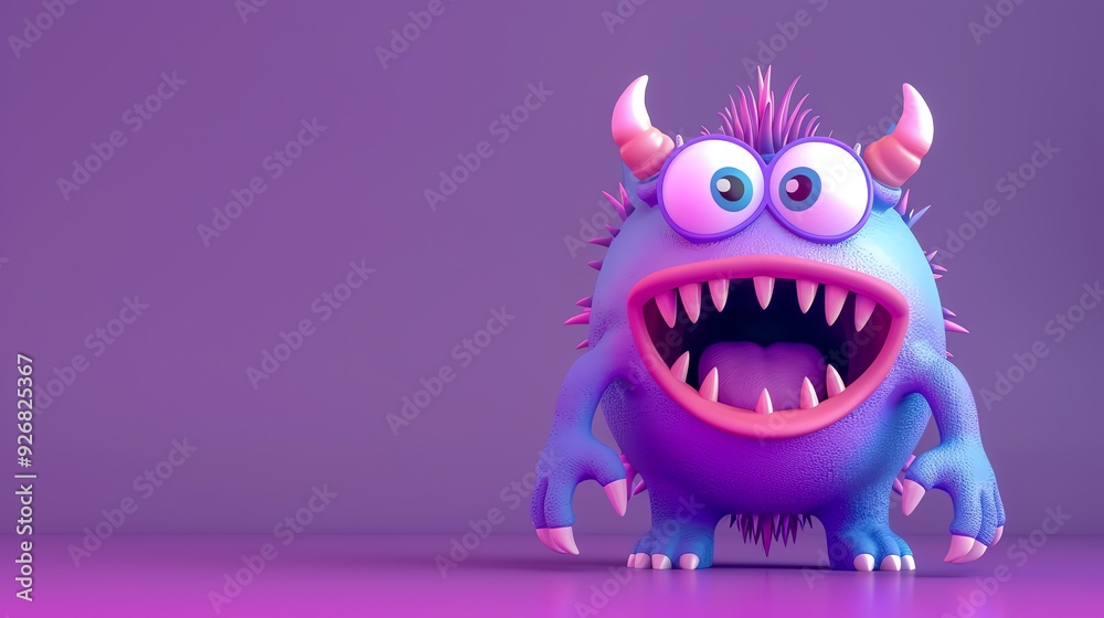 A 3D cartoon monster with sharp teeth and green horns grins. A 3D cartoon monster with sharp teeth and green horns grins.